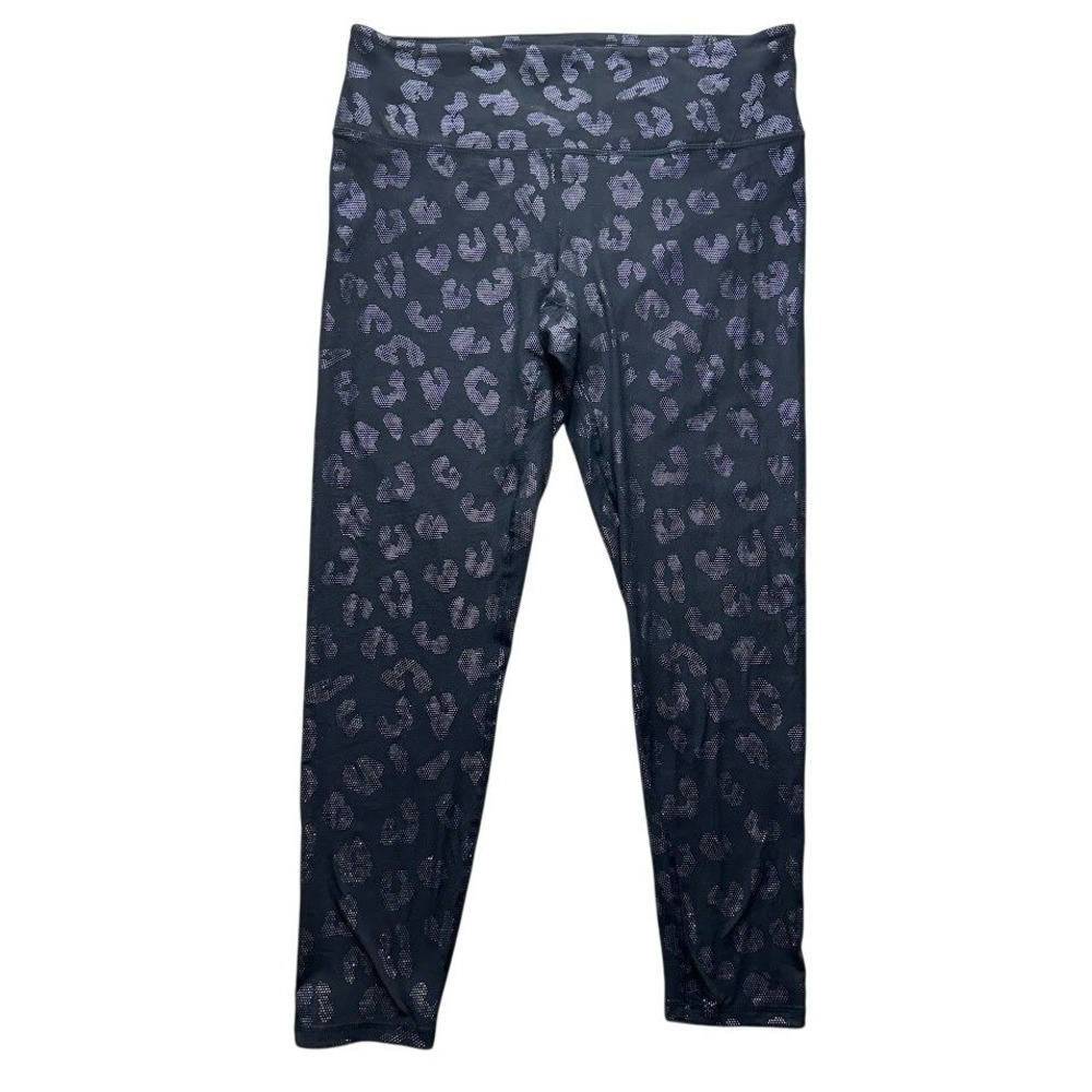 Womens 2X Black Silver Metallic Leopard Print Microfiber Cropped Leggings